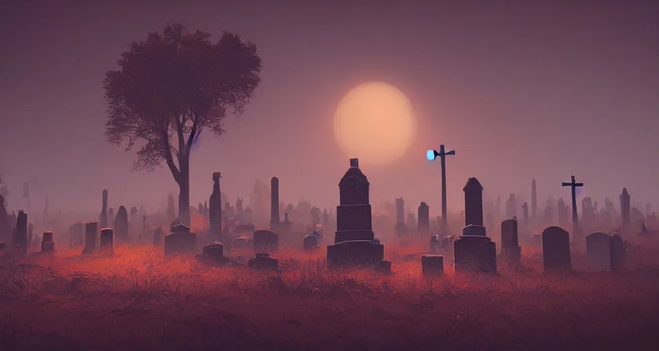 Prompt: Eerie cemetery landscape, cinematic, rendered by simon stålenhag, rendered by Beeple, Makoto Shinkai, syd meade, environment concept, digital art, unreal engine, 3 point perspective, WLOP, trending on artstation, low level, 4K UHD image, octane render,