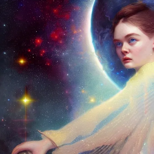 Prompt: a striking hyper real illustration of Elle Fanning in space by Edwin Blashfield, zoom out,