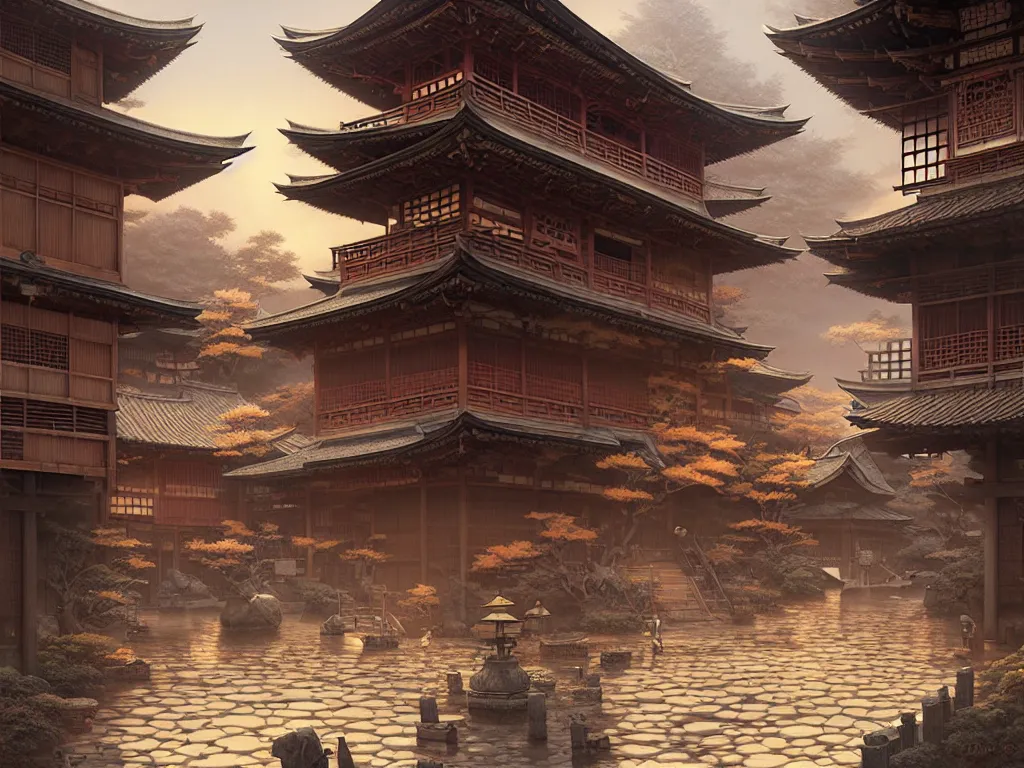 Prompt: old japanese town, d & d digital painting, intricate details, ultra realistic, beautiful, volumetric lighting, warm colors advance, cell shading, by james jean, greg rutkowski, gerald brom, wlop