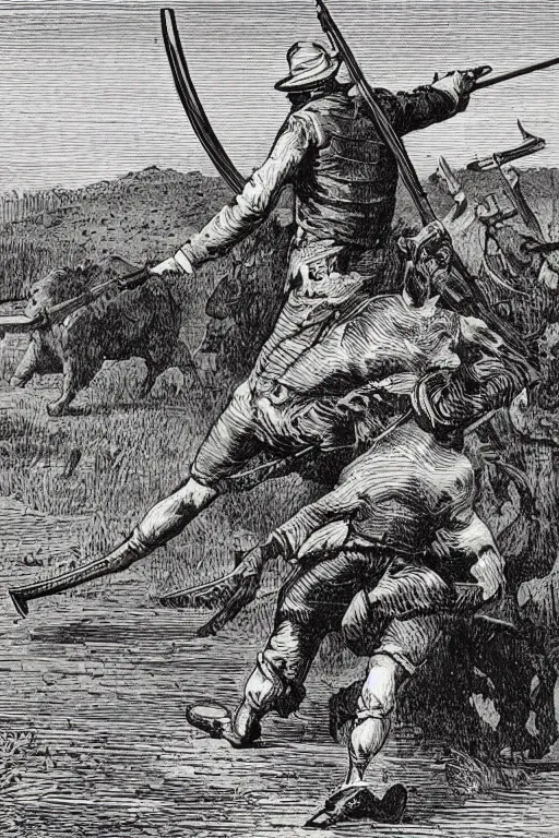 Prompt: 19th century wood-engraving of a British man hunting a mammoth with a flintlock rifle, whole page illustration from Jules Verne book, art by Édouard Riou Jules Férat and Henri de Montaut, high quality, beautiful, removed watermarks
