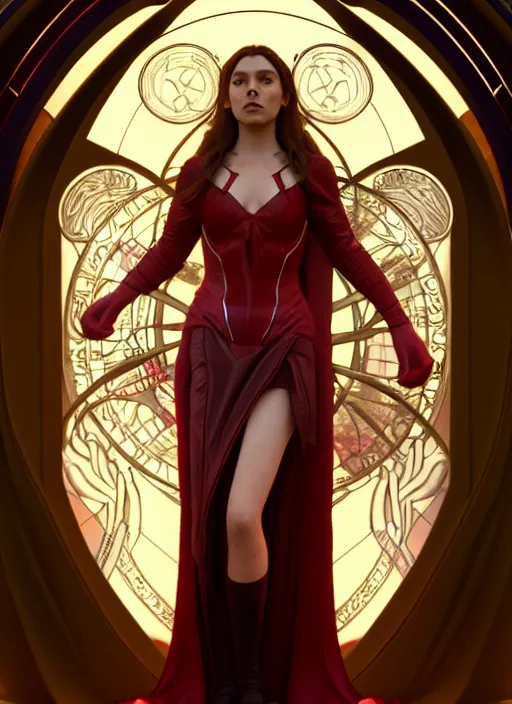 Image similar to Scarlet Witch as Lucifer morningstar Au Naturel, full body, hyper realistic, trending on artstation, art by Alphonse Mucha and J. C. Leyendecker and Edmund Bliar Leighton and Charlie Bowater, unreal engine render, octane render