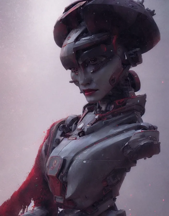 Image similar to portrait of a geisha robot by greg rutkowski and ruan jia, mecha, washed colors, dark, gloomy, matte painting, unreal engine 5