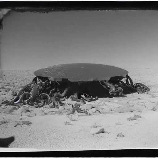 Image similar to tintype, wide view, desert ufo crash site, scientists studying captured alien octopus