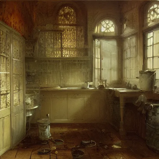 Image similar to detailed painting of a laundry room, filigree ornaments, fog, andreas achenbach,