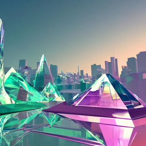 Image similar to City on Prism World, city inside of a giant crystal, city made of prism shaped translucent crystals, PBR, digital 3d art, concept art