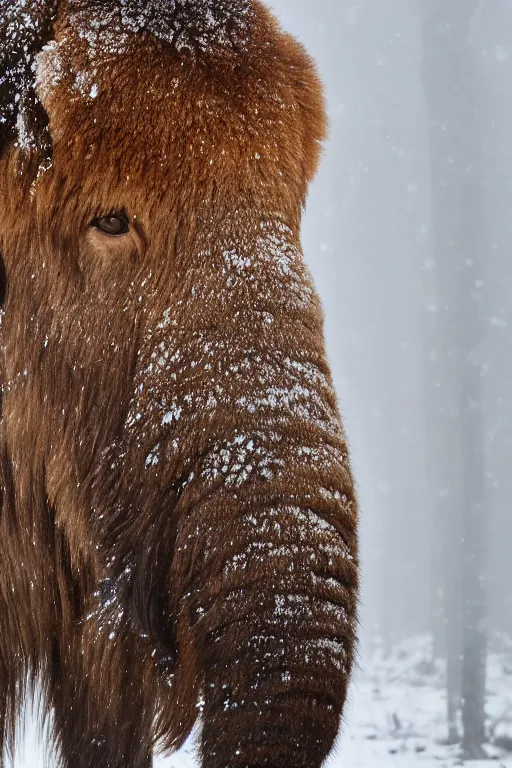 Prompt: beautiful photo of a woolly mammoth in a snow forest in the early hours of the morning with morning fog and snow. sunrise. nature. photography. national geographic. detailed face and fur, ultra hd, sharp. volumetric lighting, hasselblad. nikon z 9. 1 0 0 mm. f / 2. 5