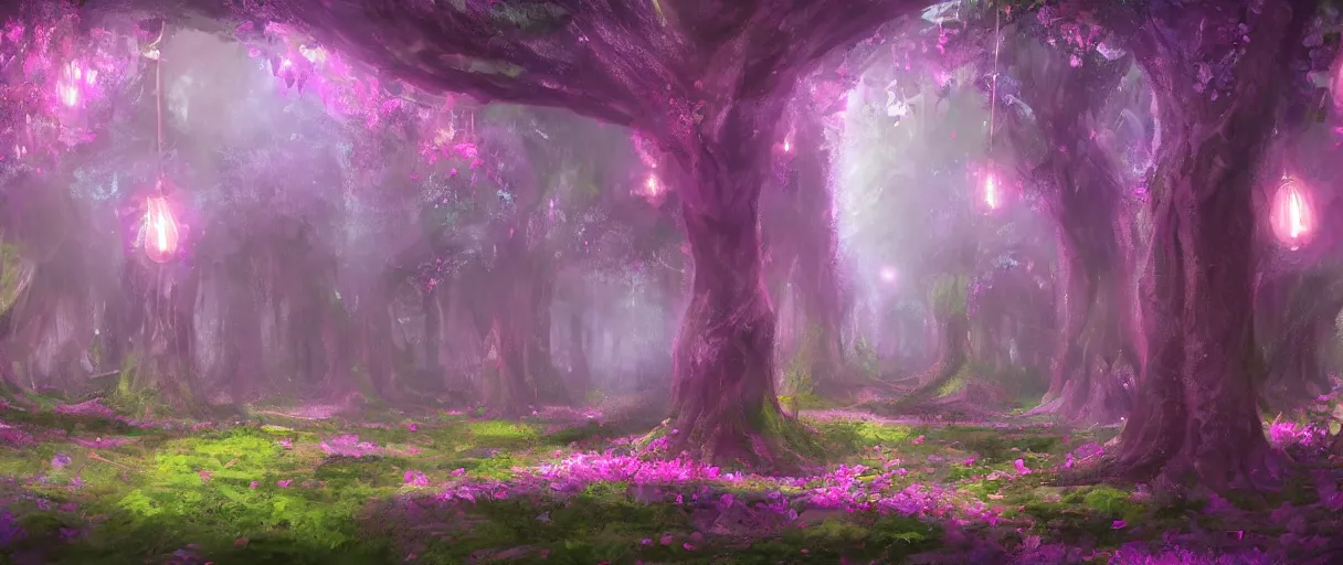 Image similar to a digital painting of a magical fantasy forest, large magical trees, magical flowers, hanging lanterns, godrays, mystical, evening, concept art, trending on artstation, matte painting, high detail, high quality, pink/purple/green colour scheme