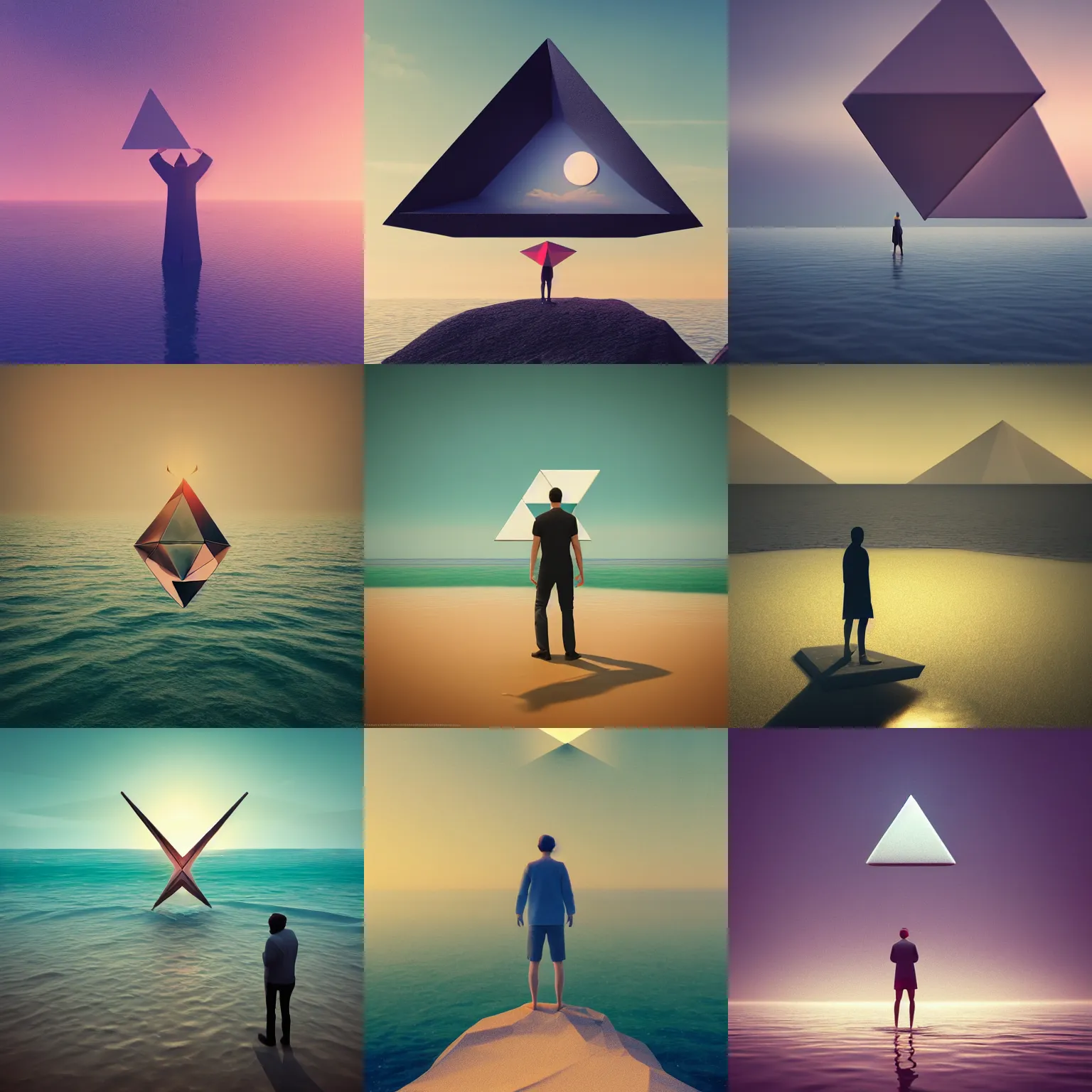 Prompt: a person standing in the ocean with a triangle in the sky, a low poly render by mike winkelmann, featured on polycount, symbolism, tesseract, low poly, geometric