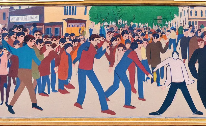 Image similar to ernst ludwig painting of a frightened young man in a street surrounded by people who have no eyes. people are starting at crt televisions on the corner s 1 5 0