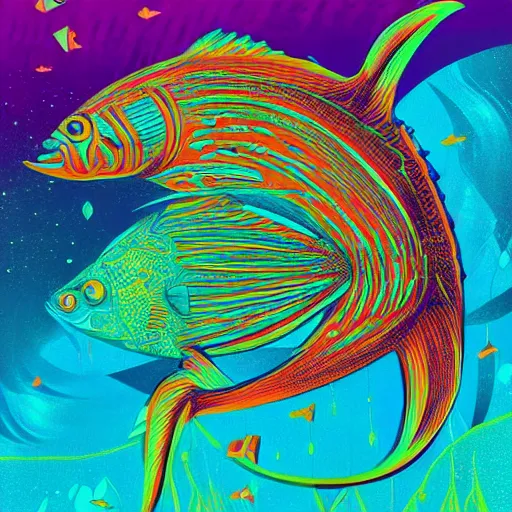 Prompt: one highly stylized fish with saturated colors viewed in profile in the dark ocean filled with complex sparkles and patterns, artstation, intricate, realistic, highly detailed, digital painting, concept art, sharp focus, 1 9 6 0 s, illustration by tom whalen and charles williams and kilian eng and james jean