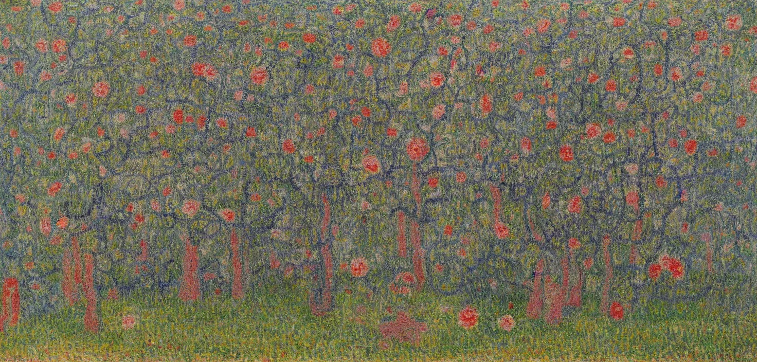 Image similar to epic highly detailed landscape painting of Huge flowers growing on tree trunks and holes in buildings, Gustave Loiseau