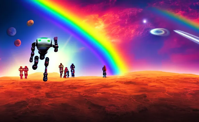 Image similar to crowd of humans and robots running from earth to mars on a rainbow bridge, ultra hd, neon colors