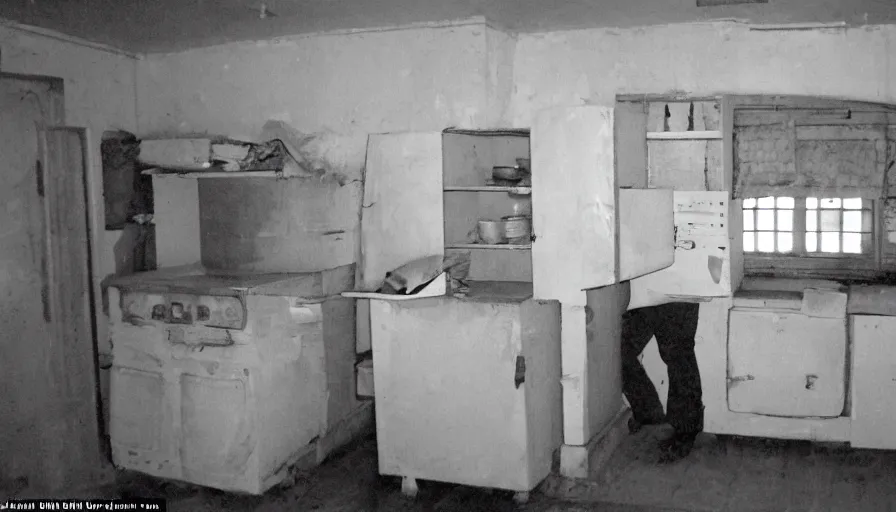 Image similar to a headless man in a stalinist style kitchen, by mini dv camera, very very low quality, heavy grain, very blurry, accidental flash, webcam footage, found footage, security cam, caught on trail cam