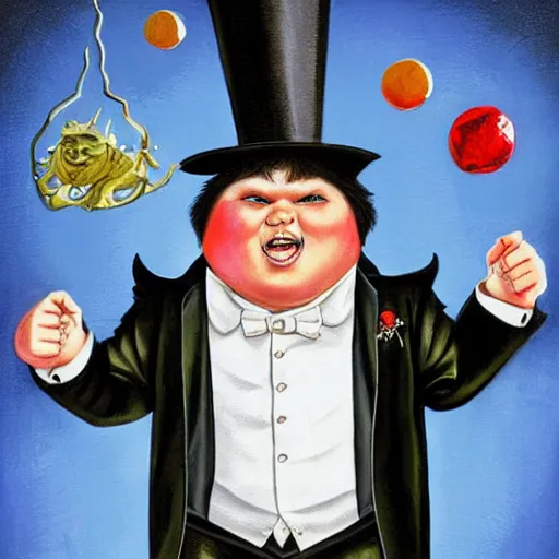 Prompt: A full body portrait of a magician that is a chubby little man with an evil look, high detail, fantasy art, greg rutkwoski