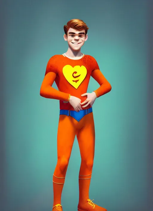 Image similar to friendly teenage archie andrews wearing an orange superhero costume with heart logo, heart, freckles, blue cape, heart emblem on chest, blue cape, intricate, elegant, glowing lights, highly detailed, digital painting, artstation, sharp focus, illustration, art by wlop, mars ravelo and greg rutkowski