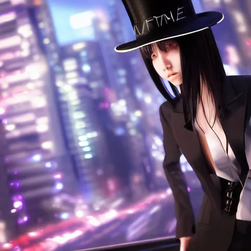 Image similar to beautiful anime woman, pinstripe suit, top hat, cyberpunk background, rendered in octane, unreal engine, raining, highly detailed, trending on artstation