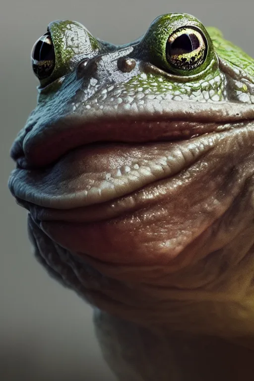 Image similar to a fancy portrait of a frog by Greg Rutkowski, Sung Choi, Mitchell Mohrhauser, Maciej Kuciara, Johnson Ting, Maxim Verehin, Peter Konig, Bloodborne , 8k photorealistic, cinematic lighting, HD, high details, atmospheric , trending on artstation