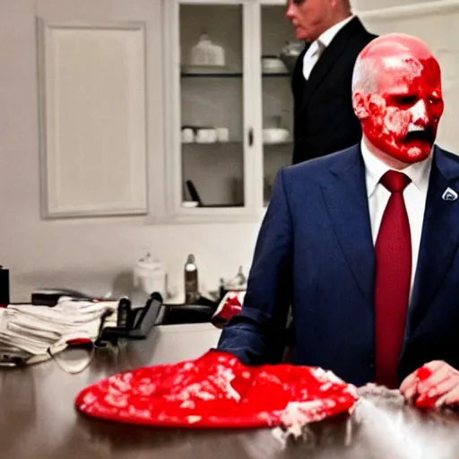 Image similar to Alexander Lukashenko as the American Psycho, staring psychopathically, sweating hard, covered in blood, cinematic still