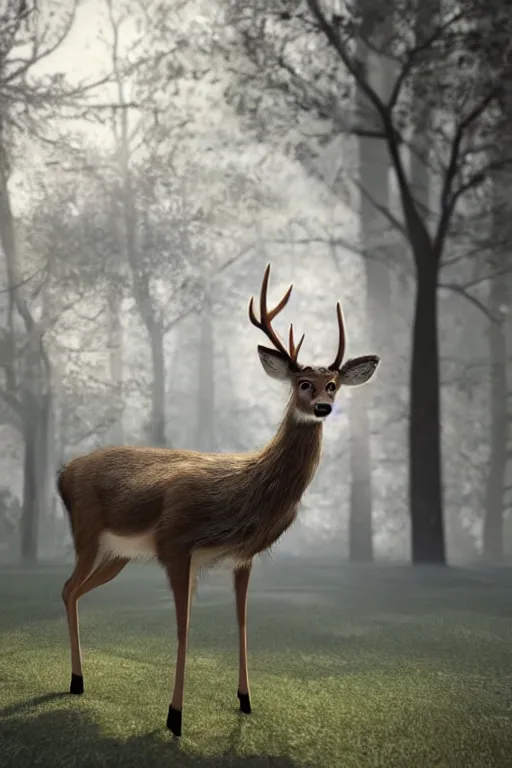 Image similar to an anthro deer wearing a white formal coat, talking to a crow, hyperrealistic, concept art, octane render, unreal engine 5, trending on DeviantArt, highly detailed, high quality, 8K, soft lighting, cute, natural lighting, realistic face, trending on Artstation, elegant clothes, profile picture, path traced, house background