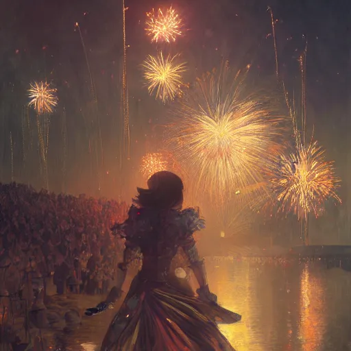 Image similar to a beautiful realistic painting of a firework festival at night time koyosan, intricate, elegant, highly detailed, digital painting, artstation, nier automata concept artsyle, by krenzcushart, artem demura, makoto shinkai, alphonse mucha