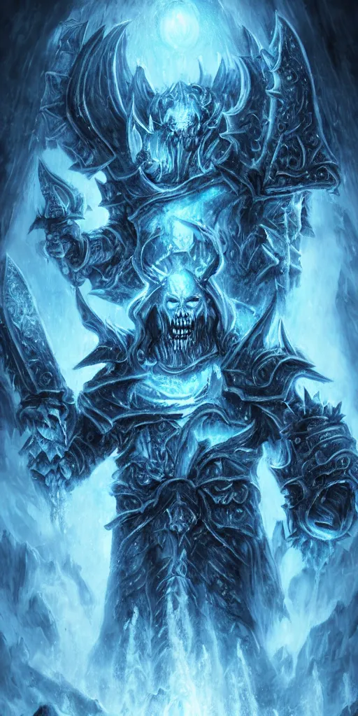 Image similar to vast ice dungeon, arthas the lich king, undead army, warcraft, warcraft artwork, mixed art, cinematic light, majestic, hyperrealistic, hyper detailed, dark fantasy, gritty