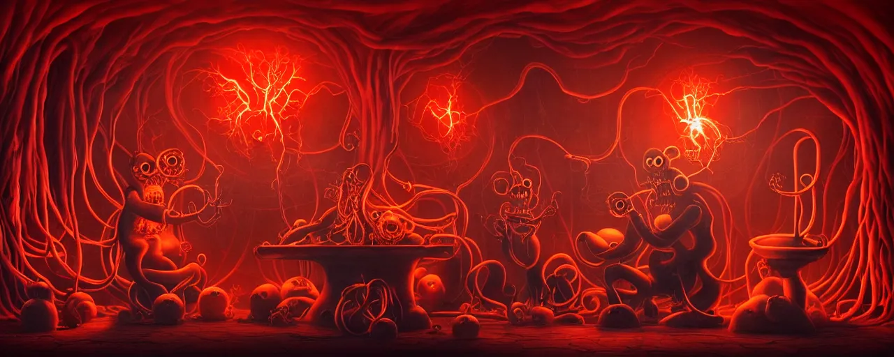 Prompt: uncanny alchemist chthonic creatures inside a visceral arterial alchemical lab within the left ventricle of a human heart, dramatic lighting fiery red lighting, surreal fleischer cartoon characters, surreal painting by ronny khalil