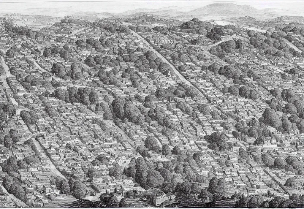 Prompt: A forested hill surrounded by a city, isometric view, engraving, black and white