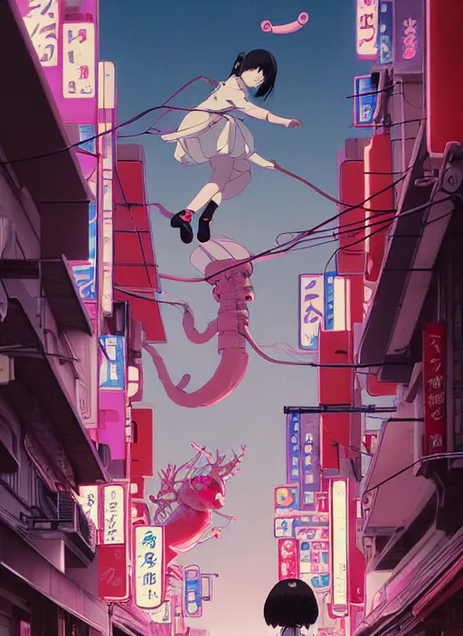 Image similar to Artwork by James Jean, Phil noto and hiyao Miyazaki; a young Japanese future samurai police girl named Yoshimi battles an enormous looming evil natured carnivorous pink robot on the streets of Tokyo; Japanese shops and neon signage; crowds of people running; Art work by studio ghibli, Phil noto and James Jean