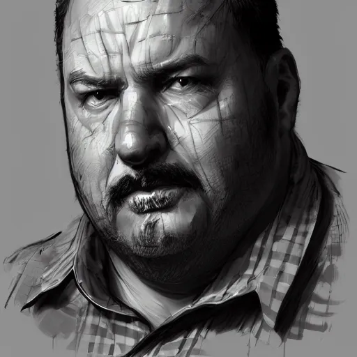 Prompt: portrait of Craig childs, an overweight 55 year old man with short gray hair and a thick, slightly long, round gray beard, round cheeks, wearing a checkered shirt, dramatic lighting, illustration by Greg rutkowski, yoji shinkawa, 4k, digital art, concept art, trending on artstation