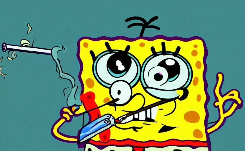 Image similar to SpongeBob smoking a joint . trending on art station, hyper detail, photo quality, 40mm lens