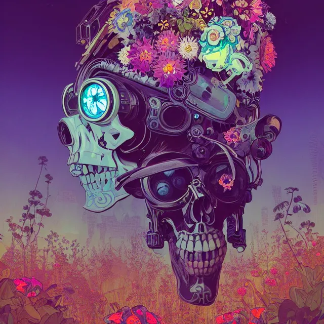 Prompt: a beautiful painting of a cyberpunk skull covered with flowers by simon stalenhag and pascal blanche and alphonse mucha! and nekro! and josan gonzalez!!. in style of digital art. colorful comic, film noirs, symmetry, brush stroke, vibrating colors, hyper detailed. octane render. trending on artstation