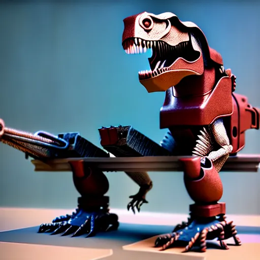 Image similar to a man sitting on a bench having fun controlling a t - rex mecha costume, photorealistic 3 d octane render, unreal engine