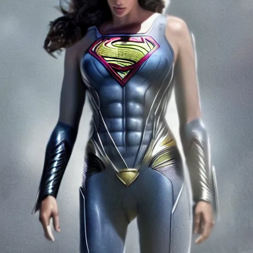 Image similar to an potrait of gal Gadot cast of movie man of steel and wearing a superman suit, photorealistic high detail, view from below, full shot body.