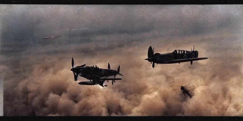 Image similar to detailed medium format photo, polaroid still from tarkovsky movie, british spitfire plane flying over a destroyed city, haze, high production value, intricate details, 8 k resolution, hyperrealistic, hdr, photorealistic, high definition, tehnicolor, award - winning photography, masterpiece, amazing colors