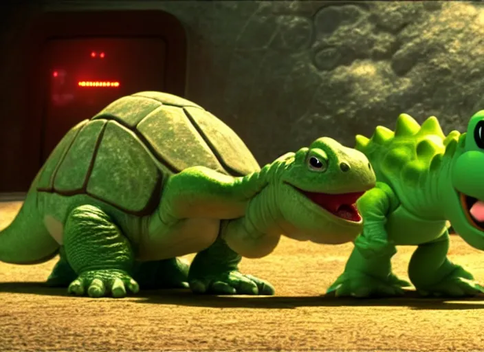 Image similar to film still of yoshi in the new sci - fi movie, cute upright dinosaur with a small turtle shell and long tongue, 8 k