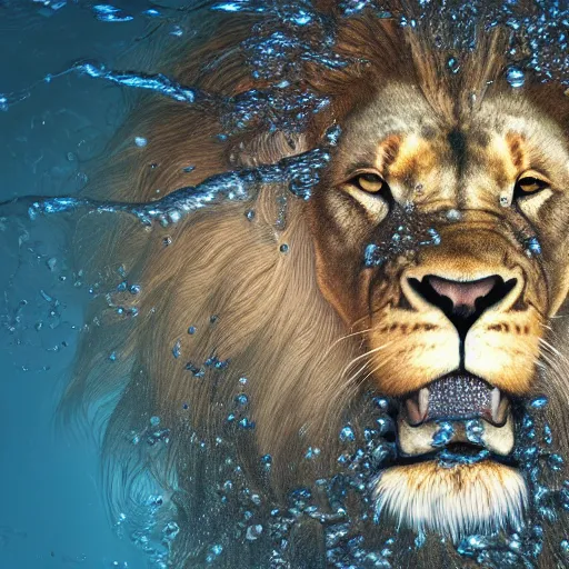 Image similar to a male lion's face breaching through a wall of water, headshot, water sprites, splashing, deep blue ocean, highly detailed, realistic digital art, trending on artstation