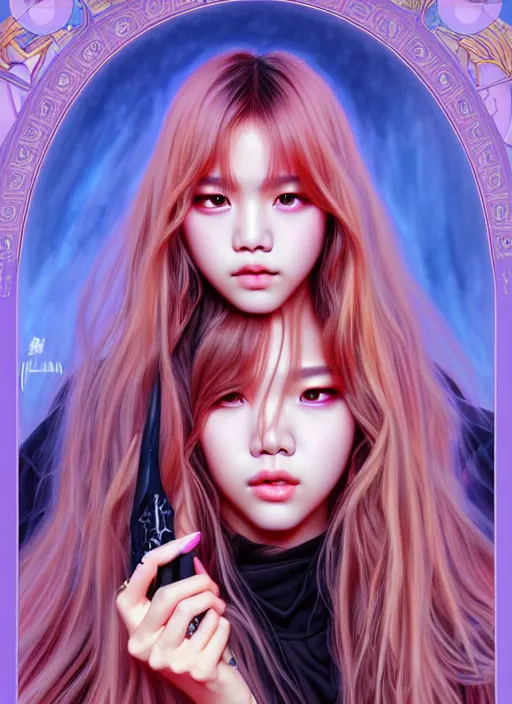 Image similar to lalisa manoban of blackpink, grim reaper costume, tarot card, highly detailed, digital painting, smooth, sharp focus, illustration, ultra realistic, 8 k, art by artgerm and alphonse mucha