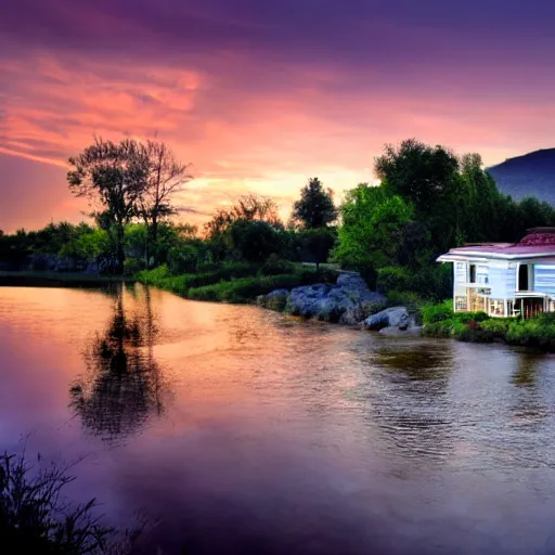 Image similar to beutiful river scenery, alongside small house,with beutiful sunset