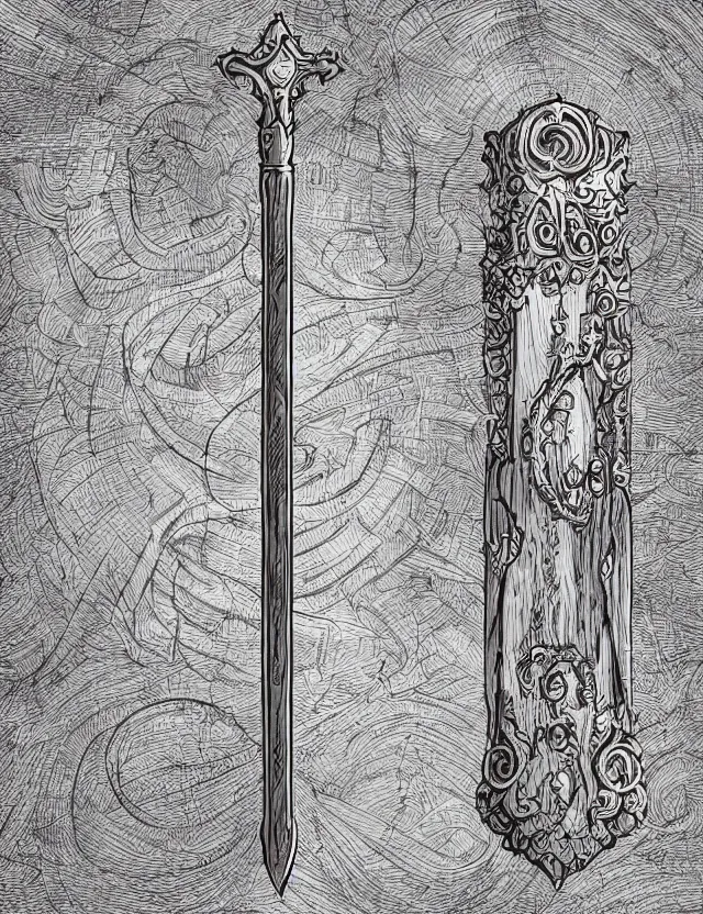 Image similar to an ornate wooden staff, fantasy illustration, medieval era, blank background, studio lighting, hand - drawn digital art