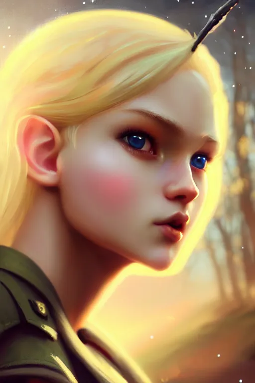 Image similar to cinematic shot of an epic portrait of a cute blonde fairy dressed in military clothes, stylised military clothes, shiny skin, beautiful eyes, beautiful, small details, night setting, realistic poster with volumetric light from craig mallism, artgerm, jeremy lipkin and michael garmash, unreal engine, radiant light, digital art, trends at art station, a masterpiece