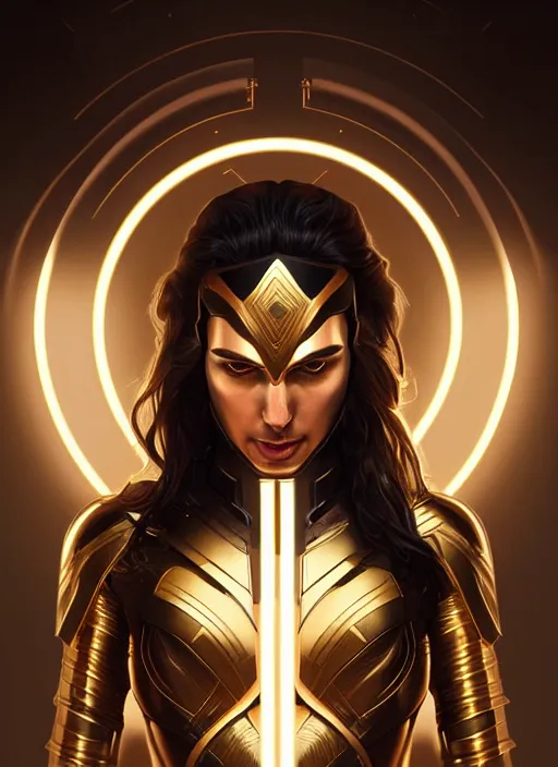 Image similar to symmetry!! portrait of gal gadot, gold sci - fi armour, tech wear, glowing lights!! sci - fi, intricate, elegant, highly detailed, digital painting, artstation, concept art, smooth, sharp focus, illustration, art by artgerm and greg rutkowski and alphonse mucha