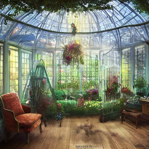 Prompt: a musical bedroom victorian greenhouse. The greenhouse is built into a giant oak tree, ornate, beautiful, atmosphere, vibe, flowers, concept art illustration, Greg rutowski, volumetric lighting,