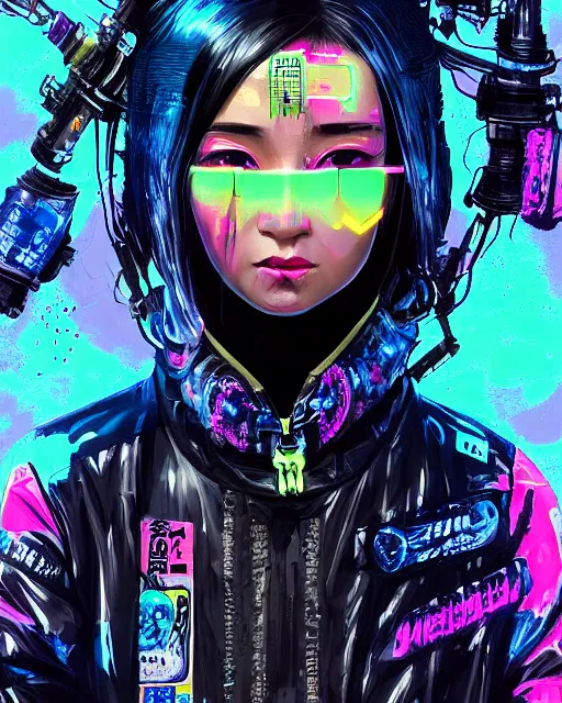 Image similar to detailed portrait Neon Operator Girl, cyberpunk futuristic neon, reflective puffer jacket, black leggings, decorated with traditional Japanese ornaments by Ismail inceoglu dragan bibin hans thoma !dream detailed portrait Neon Operator Girl, cyberpunk futuristic neon, reflective puffy coat, decorated with traditional Japanese ornaments by Ismail inceoglu dragan bibin hans thoma greg rutkowski Alexandros Pyromallis Nekro Rene Maritte Illustrated, Perfect face, fine details, realistic shaded, fine-face, pretty face