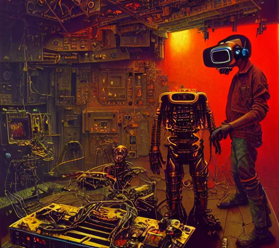 Prompt: junky men, cybertronic gadgets and vr helmet, flesh + technology, durty colours, night, rotten textures, rusty shapes, biotechnology, norman rockwell, tim hildebrandt, wayne barlow, bruce pennington, larry elmore, oil on canvas, deep depth field, masterpiece, cinematic composition, hyper - detailed, hd, hdr