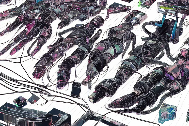 Image similar to a cyberpunk illustration of a group of coherent female androids in style of masamune shirow, lying on an empty, white floor with their bodies broken scattered rotated in different poses and cables and wires coming out, by yukito kishiro and katsuhiro otomo, hyper-detailed, intricate