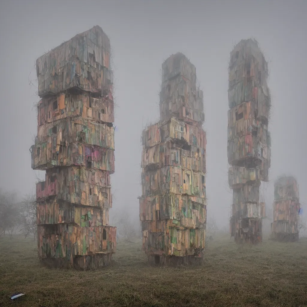 Prompt: two organic looking towers, made up of makeshift squatter shacks with pastel colours, uneven dense fog, dystopia, hasselblad x 1 d, fully frontal view, very detailed, photographed by jeanette hagglund