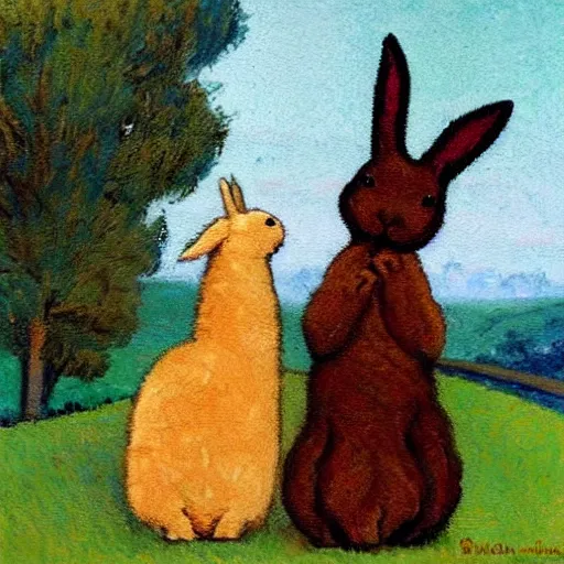 Prompt: a rabbit and an alpaca in love in the style of gifford beal
