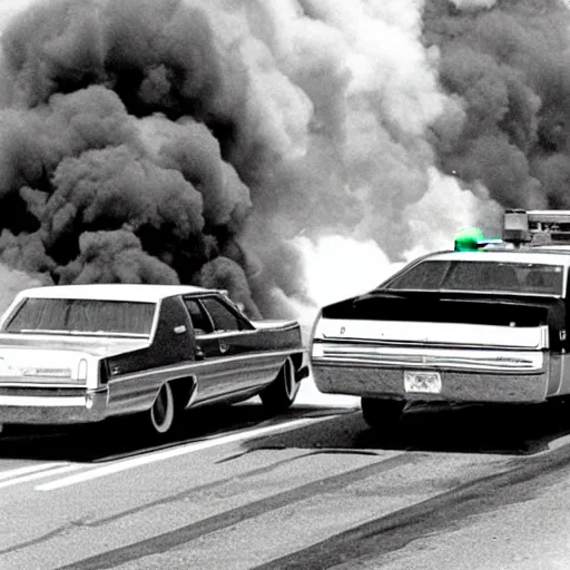 Prompt: a super 8 footage still as a 1 9 7 4 dodge monaco is on fire, people are protesting behind the car and police are chasing after civilians, kodak tri - x film