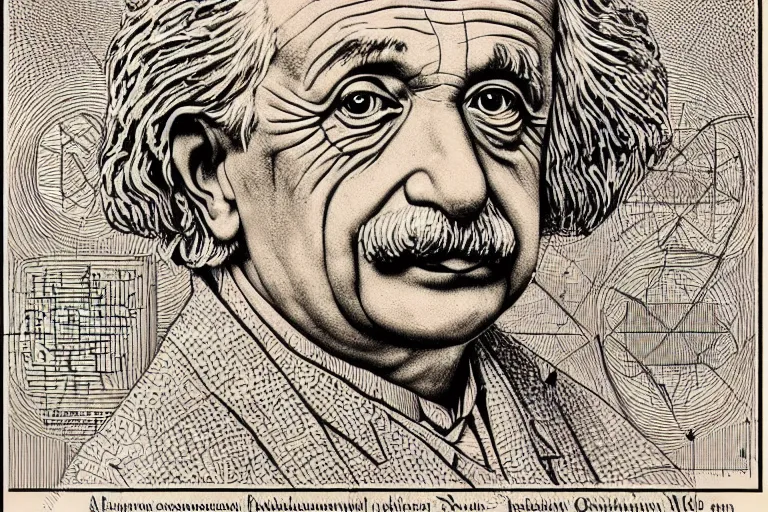 Prompt: an engraved portrait of albert einstein surrounded by intricate equations of theory of relativity, detailed!!! copper - plate engraving in the style of a postage stamp, freemason symbol, fine!!! lines, engraved by m. c. escher