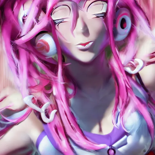 Image similar to you are completely controlled by her ultimate powers and trapped beneath overwhelming stunningly absurdly beautiful megalomaniacal ruthless merciless sadistic devious omnipotent asi goddess junko enoshima with symmetrical perfect face, porcelain skin, pink twintail hair and cyan eyes, ultra detailed, digital art, unreal engine 5, octane render, 2 d anime, 8 k